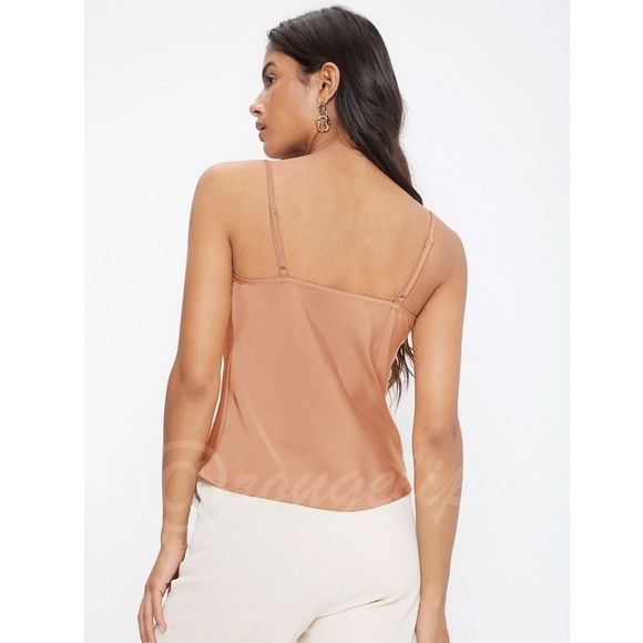 Peach Coral Orange Glamorous Cowl Neck Spaghetti Straps Camisole Top Cami, Drape - Picture 4 of 9